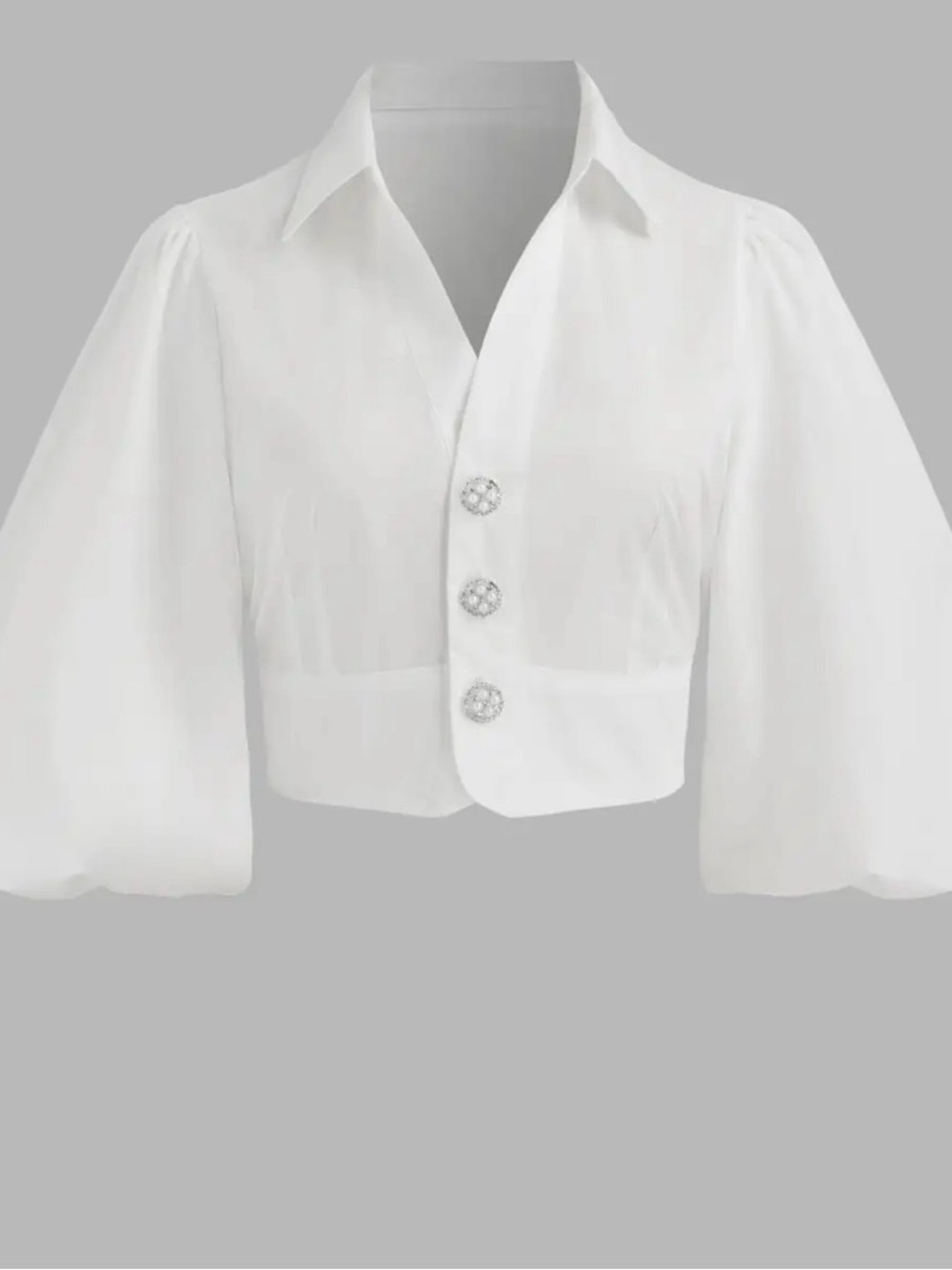 Cider White Puff-Sleeve Cropped Blouse with Rhinestone Buttons